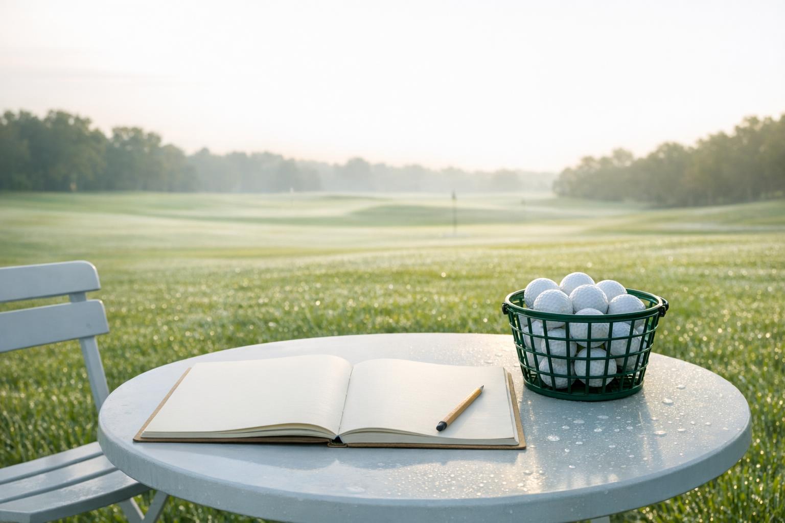 Open notebook and basket of golf balls on a table by a golf course.
