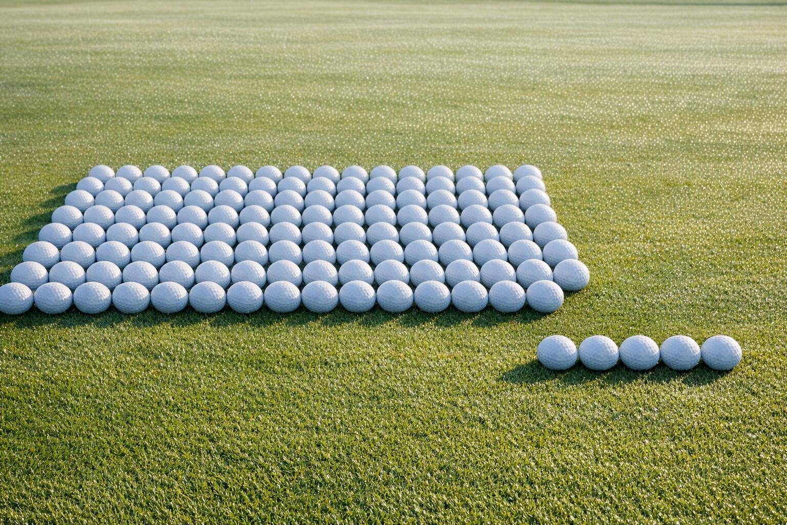 Rows of golf balls arranged on grass.