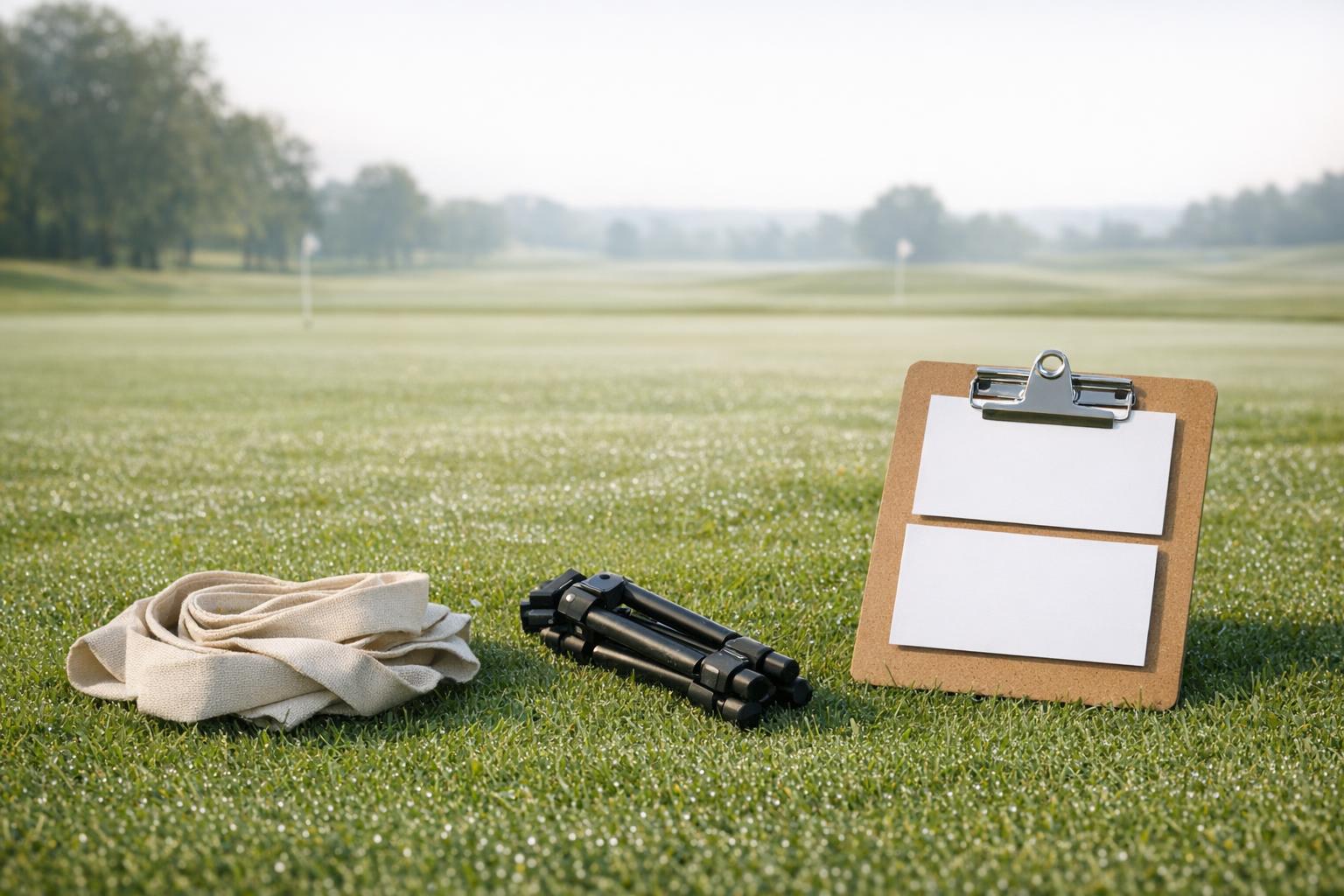 Clipboard, folded tripod and cloth on grass beside a golf course.