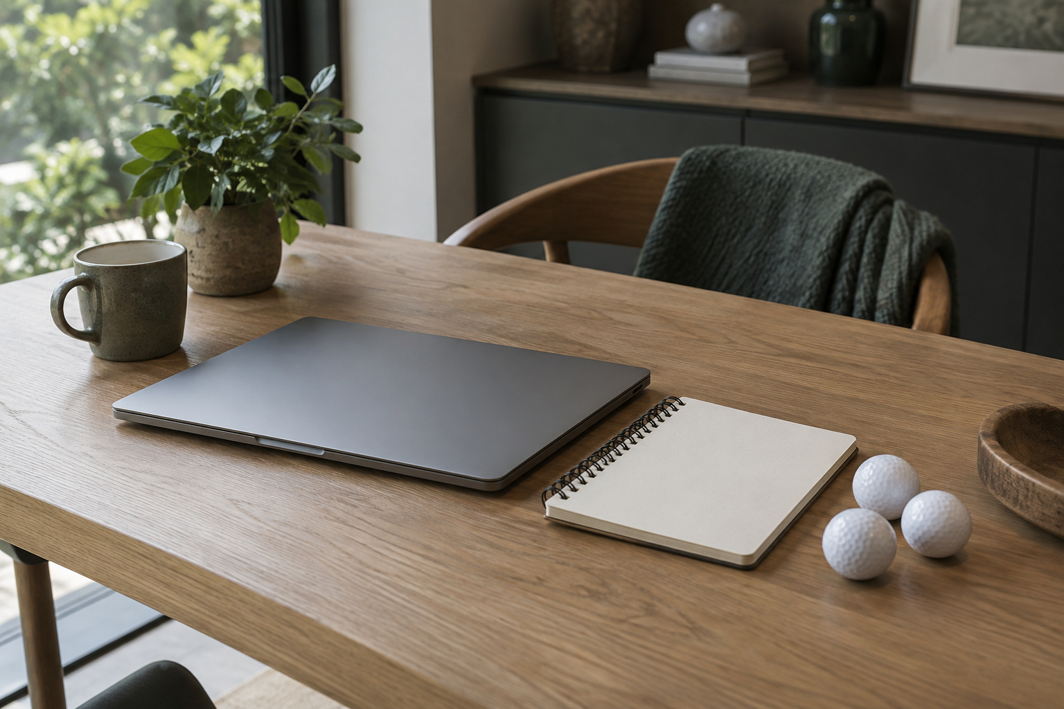 Closed laptop, notebook, mug and golf balls on a wooden table.